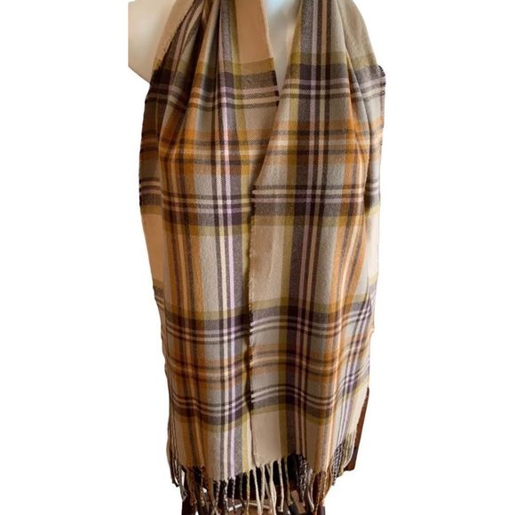 Echo/Winter Rectangle Scarf Fringe/Beige Pink Gold Plaid/10" x 66"/4" Fringe - Picture 3 of 5